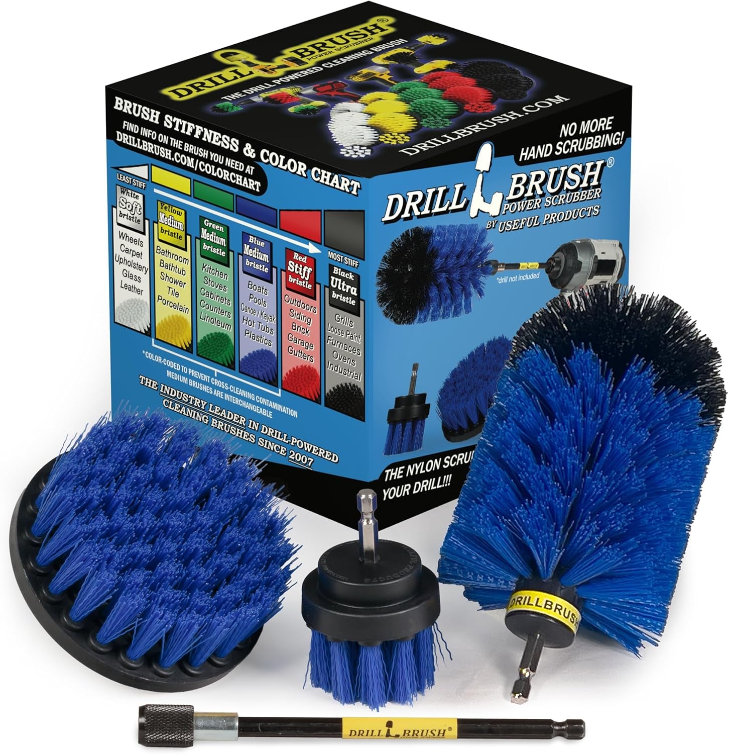 Aquatic All-Purpose Cleaning Brush Set - Medium Stiffness Blue Brushes - Long Reach Extension Attachment Kit - Aquarium Cleaning Products - Fish Tank Cleaner Brushes - Boat Scrub Brush - Hull Scrubber